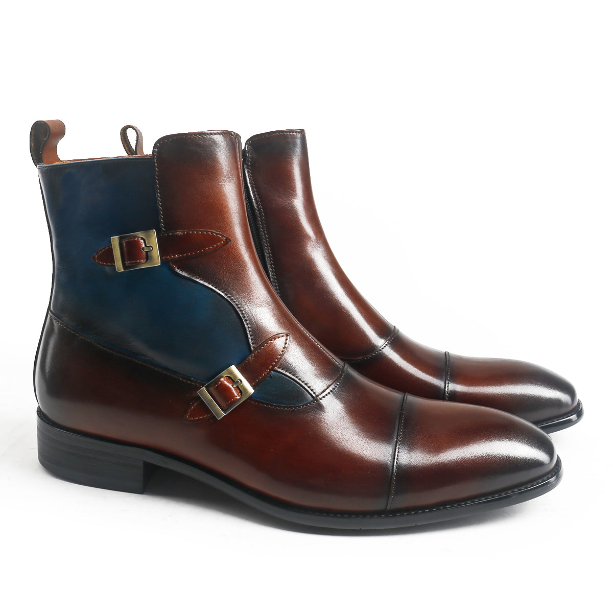 Dual Tone Double Strap Cap Toe Boots